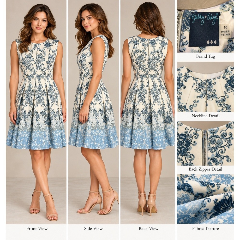 Gabby Skye Dress Womens 10 Blue White Excellent Romantic Preppy Damask Ombre